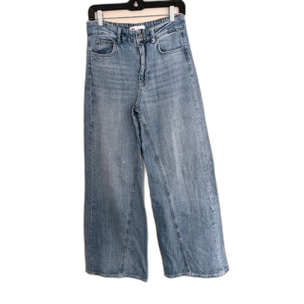 Zara Wide Leg Jeans Women Size 4‎ Blue Good Seam Detail High Rise